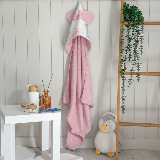 Başlıklı Bebek Bornozu Pembe Bulut Desenli