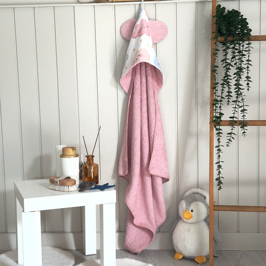 Başlıklı Bebek Bornozu Pembe Bulut Desenli